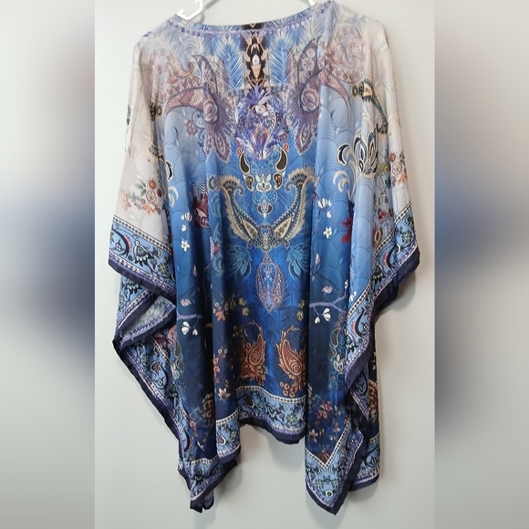 Handmade 100% Polysilk Embroidered Blue Purple Floral Artsy Caftan Cover-up OS - Picture 6 of 8